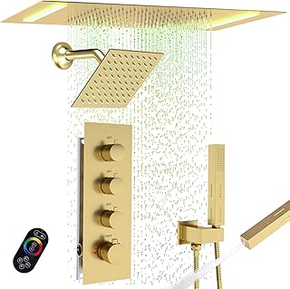 Thermostatic Dual Heads Shower System, 20x14in LED Rainfall Showerhead with Remote, 6-Inch Tilt Shower & 2-in-1 Handheld, Luxury Brushed Gold Shower Faucet Set for 2 Person