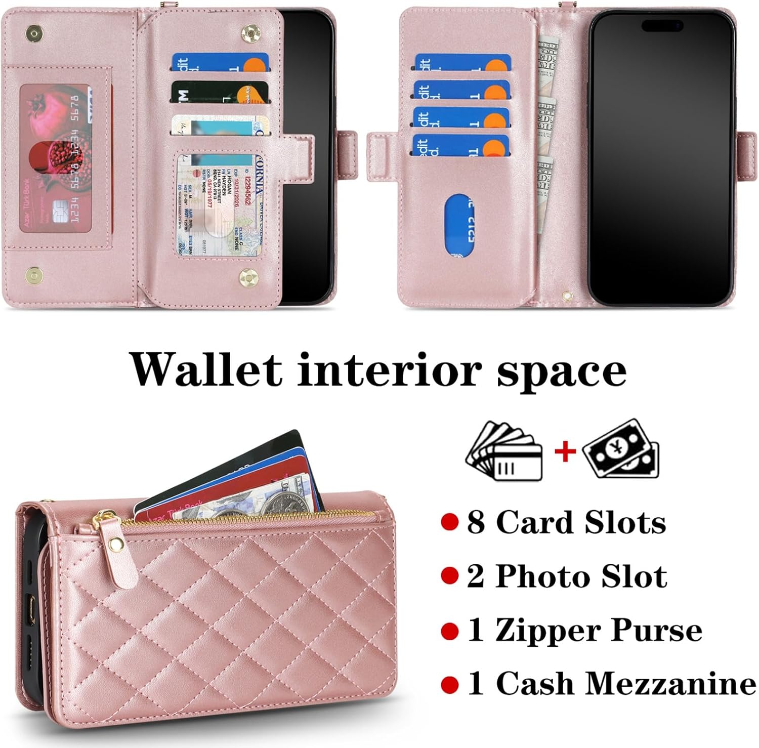 Jaorty for iPhone 17 Air Phone Case Wallet with Crossbody Strap, Shoulder Necklace Lanyard,flip Cover PU Leather, Rhombus for Women Men, Zipper Pocket, Kickstand, Card Holder, 6.6" Rosegold