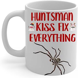 Funny Australian Huntsman Spider Coffee Mug 11oz White - Kiss Fix Everything Christmas Ceramic Cup Humorous Gifts for Huntsman Spider Lovers