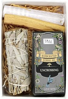 SOUL STICKS Manifesting Intention's Kit Gift Set with Sage, Spell Herbal Oil, Palo Santo Stick and 4 Selenite Wand in White Gift Box (Uncrossing)