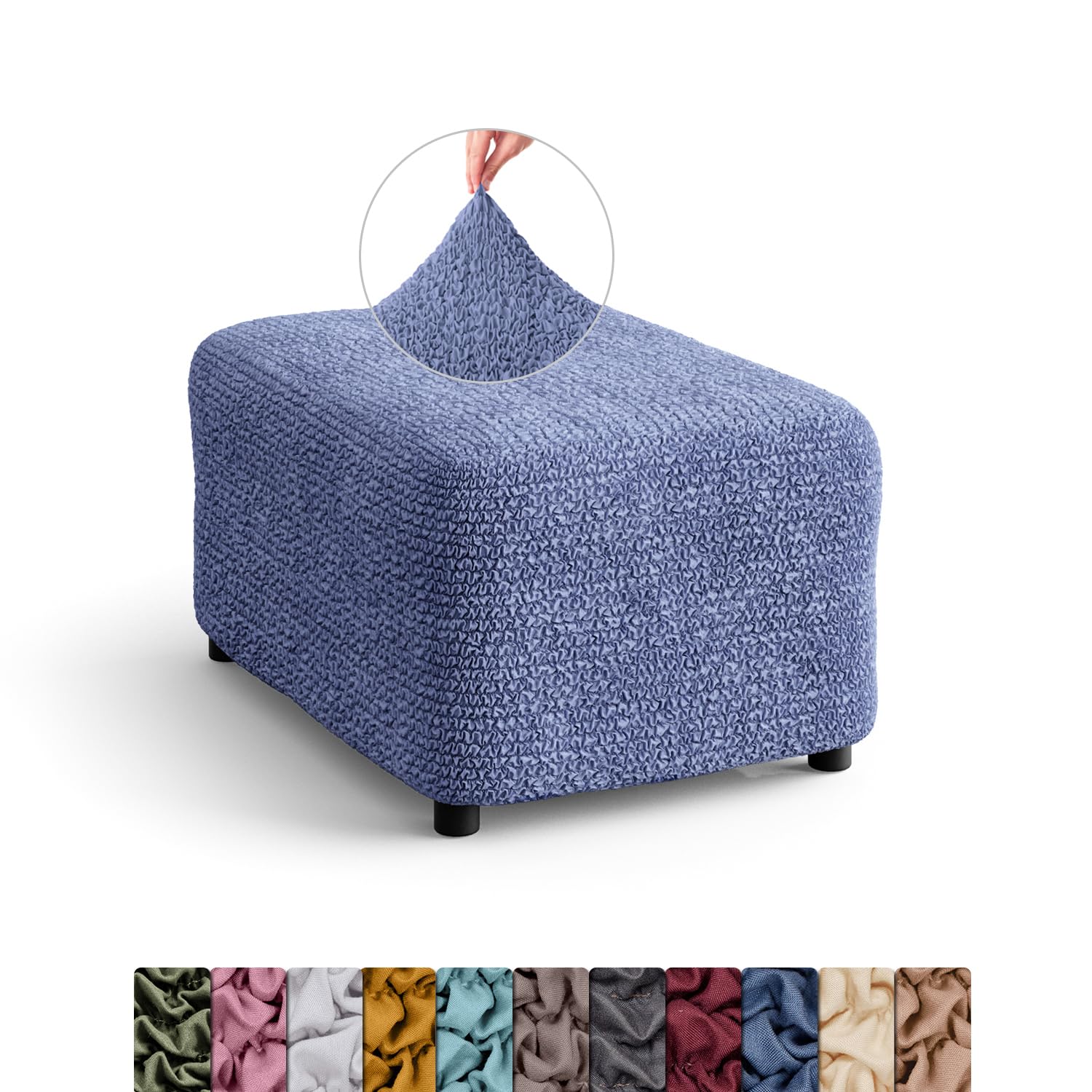 Menotti Footstool Ottoman Foot Rest Slip Cover for Sofa and Armchair Stretch Elastic Fabric Protector - Microfibra - Blue (Footstool) โ image 1