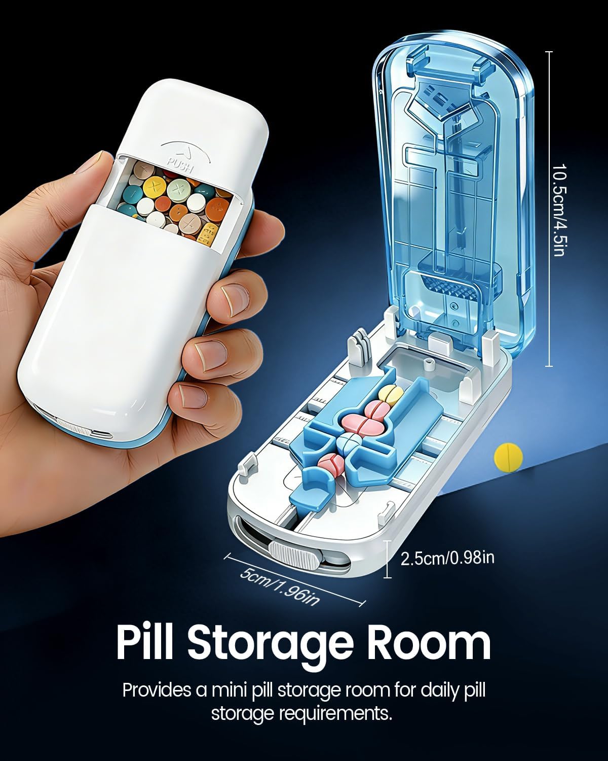 Professional Pill Cutter for Small Pills, 3-in-1 Pill Cutter Splitter for Small or Large Pills-Safely Cuts 1/2, 1/3, and 1/4 Multiple Pills Splitter, Adjustable Pill Cutter with Storage (White Blue)