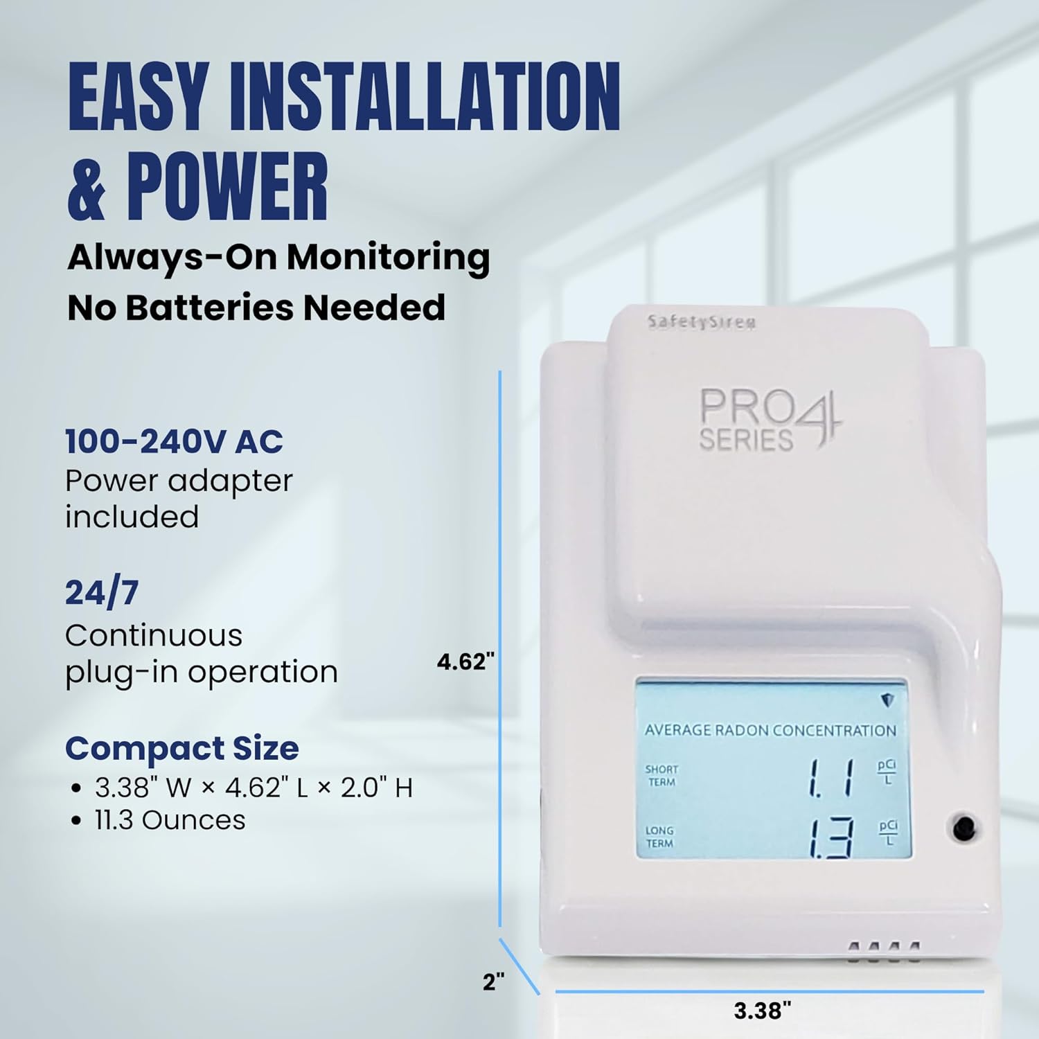 Safety Siren Pro4 Plug-in Radon Detector, Continuous Radon Gas Monitoring with Audible & Visual Alarms | Short & Long-Term Radon Detection for Home, Office, & Other Indoor Living Areas | Made in USA
