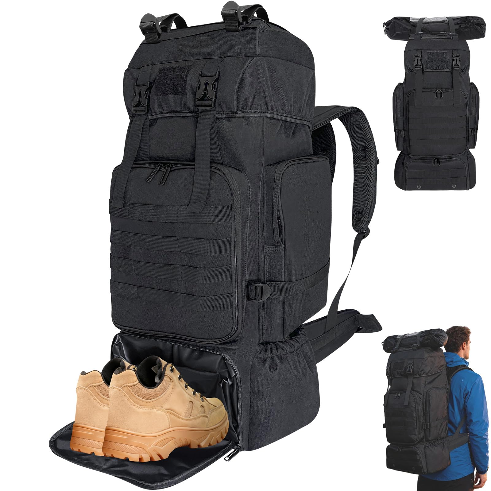Vaupan Hiking Backpack, 80L/100L Camping Backpack, Waterproof Large Molle Rucksack, Outdoor Sport Travel Military Tactical Backpack for Men Women (Black-Shoe Comp.)