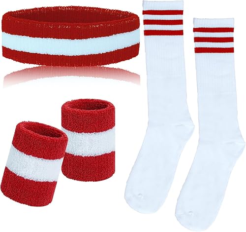 Miniatura 10 de Sucrain Juego de 5 bandas para el sudor y calcetines a rayas, bandas deportivas para el sudor, bandas para sudar, bandas para sudar, rojo, blanco