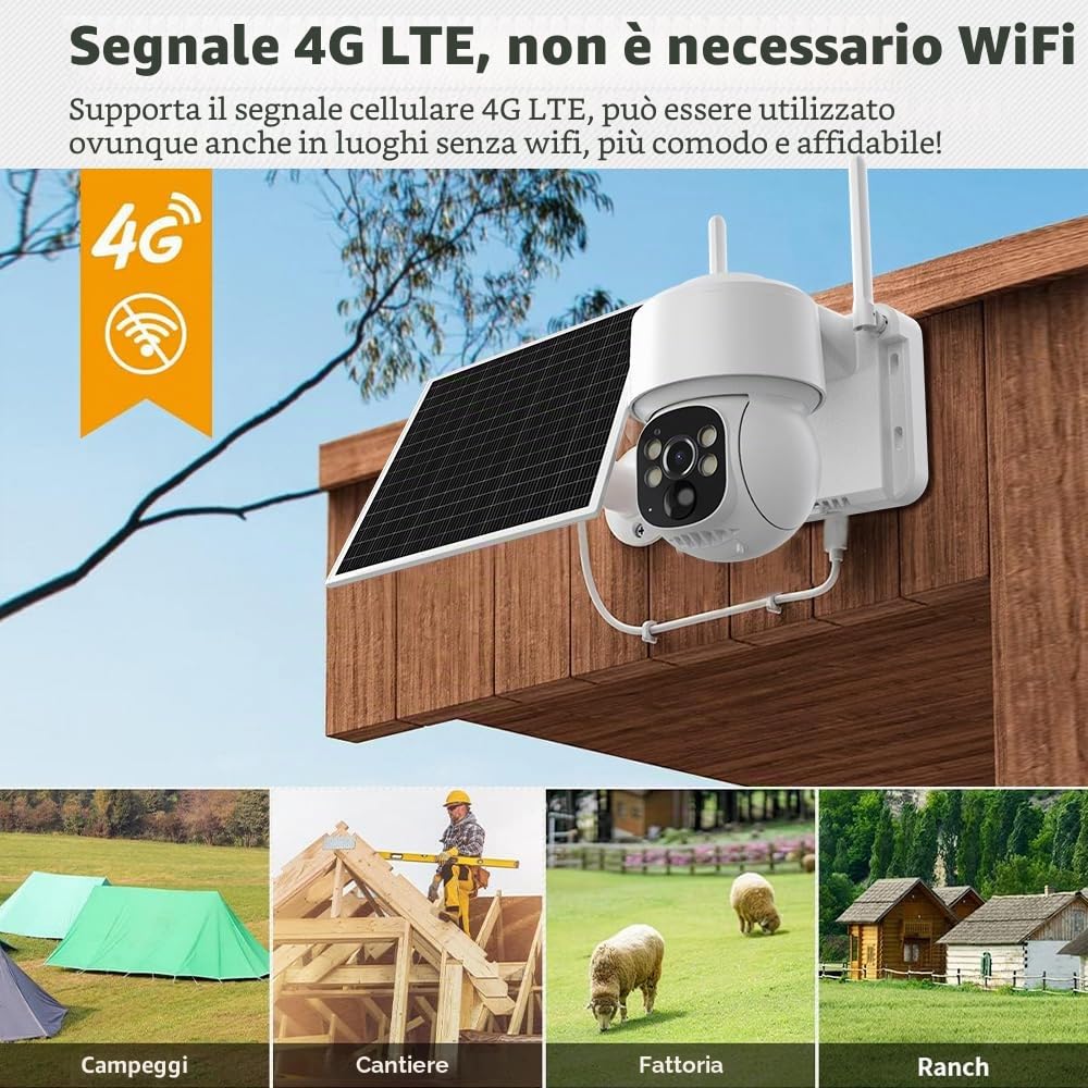 Telecamera di Sicurezza Esterna 4G LTE con Pannello Solare, Telecamera di Sorveglianza 2K PTZ con Scheda SIM, Rilevamento Umano PIR, Visione Notturna, Impermeabile IP66, PTZ 355°/90°, Audio