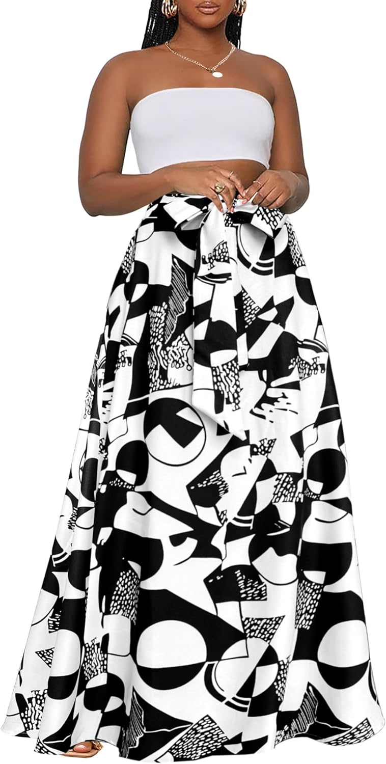 Afibi Womens Casual High Waist Tie African Print Long Maxi Skirt with Pockets - Image 3