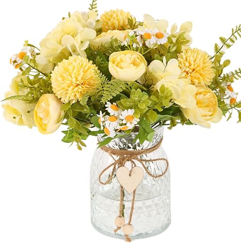 Kimura's Cabin Fake Flowers with Vase Yellow Artificial Peony in Glass Vase | faux flowers in vase,Home Table Centerpiece,Office Arrangement, Living Room floral,Farmhouse Bathroom Plant Decor