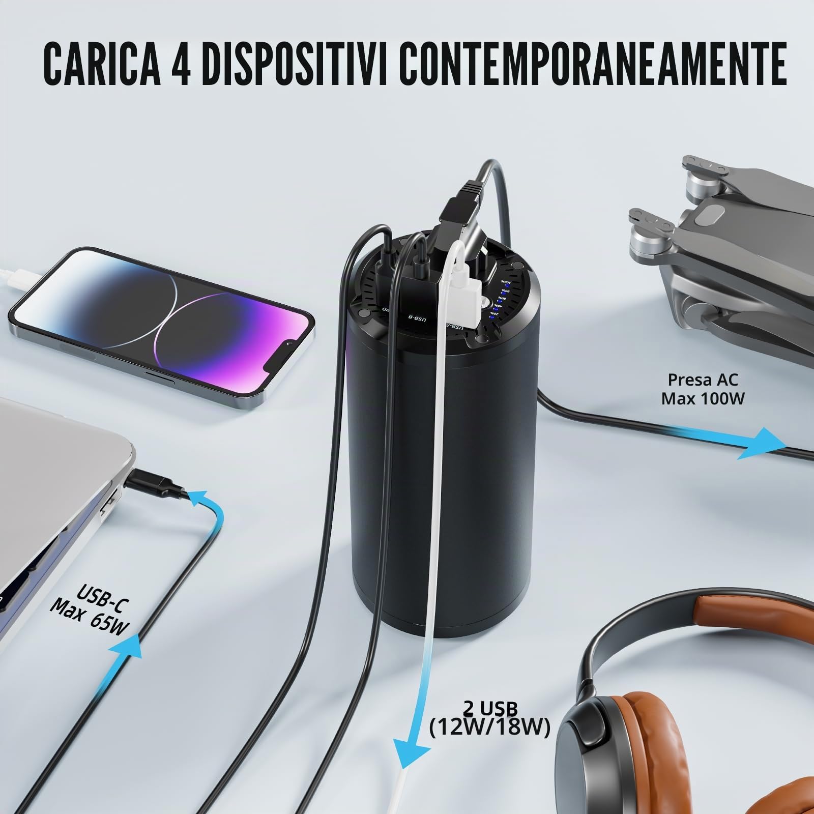 Power bank, 27000 mAh, batteria esterna cilindrica da 98 wh, con presa AC da 100 W, caricatore portatile con porta USB, caricatore da viaggio universale per laptop, MacBook Pro Gopro, tablet, telefono
