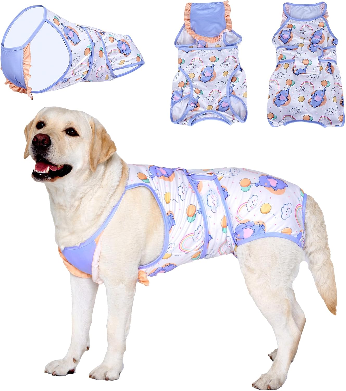 LovinPet Dog Recovery Bodysuit, Wound Protective Post-Surgery Wrap for Large Medium Dogs, Anti-Licking Breathable Care, Elephant Pattern, Yellow Collar/Blue, 3XL