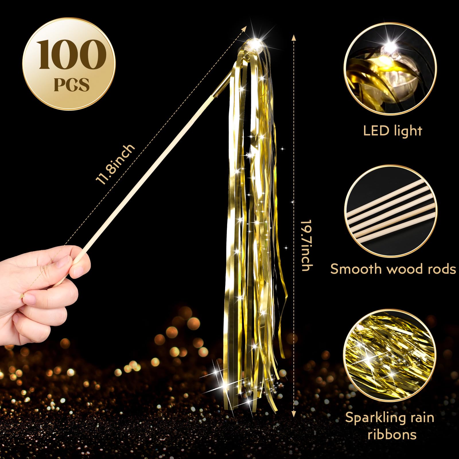 Drixbor - 100 varitas de boda iluminadas, serpentinas de oropel LED para envío de bodas y entrada grande, recuerdos de fiesta para bodas, cumpleaños, Navidad (dorado)