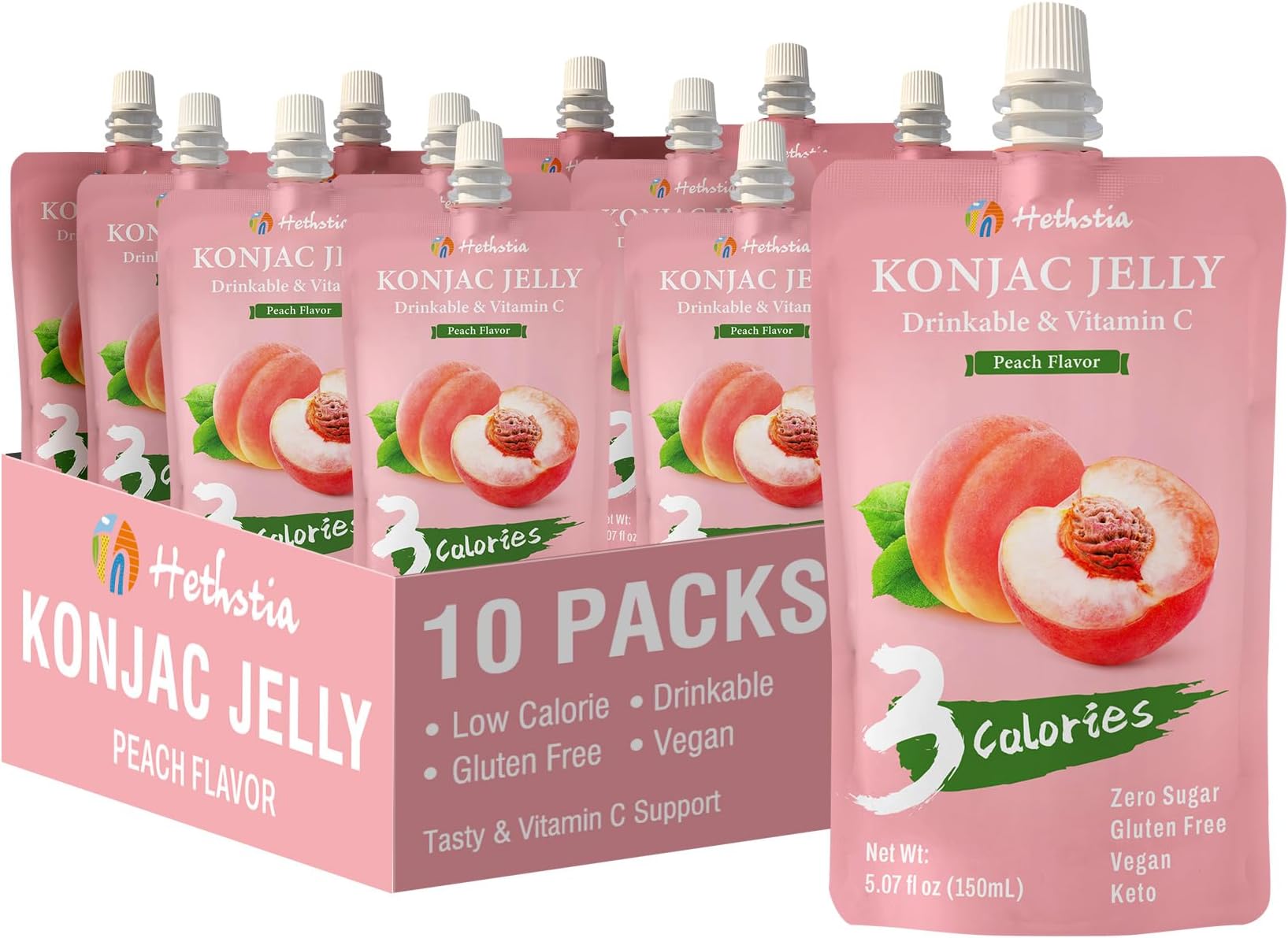 Hethstia Konjac Jelly Peach Flavor Squeeze Pouch, 3 Calories Healthy Drinkable Fruit Sweet Snacks, 10 Packs, 0 Sugar, Keto, Vegan, Gluten Free, Vitamin C, Holiday Diet Food Gifts