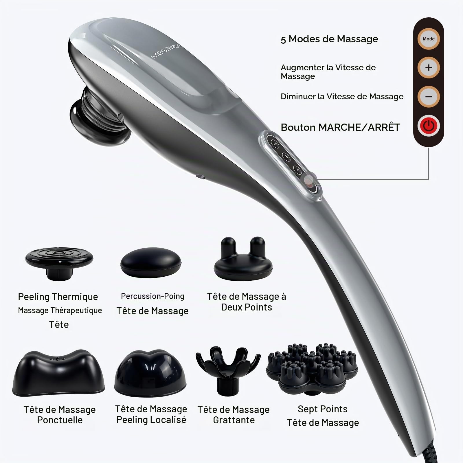 Masseur de cou de tissu profond portatif pour les épaules, la taille, les jambes, masseur de cou électrique de 3600 RPM avec 5 noeuds et 5 vitesses, soulagement de muscle de noeud, poids léger