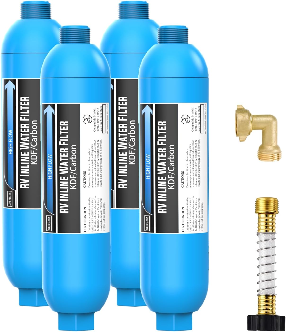 Lifefilter RV Inline Water Filter with Solid Brass 90 Degree Hose Elbow, Eliminates Stress and Strain On RV Water Intake Hose Fittings(4 Pack)