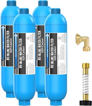 Lifefilter RV Inline Water Filter with Solid Brass 90 Degree Hose Elbow, Eliminates Stress and Strain On RV Water Intake Hose Fittings4 Pack