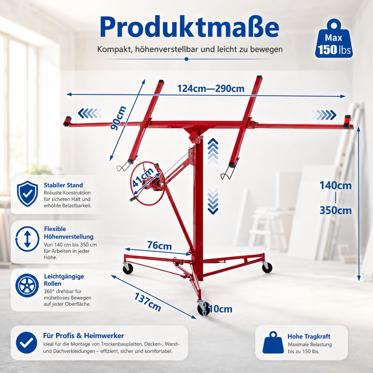 Gipskartonheber Teleskop, Plattenheber höhenverstellbar 140-350cm, 60° neigbar, bis 68kg/150lbs, 3 Lenkrollen, Deckenlift für Trockenbau, Rot