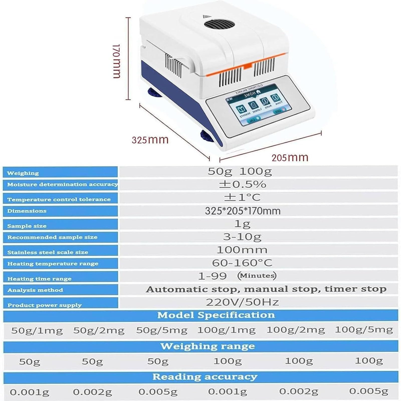 Analizador de humedad halógeno de laboratorio,Analizador de humedad Medidor rápido con pantalla táctil digital,100g/50g/0,001 g/0,002g/0,005g,Medidor de humedad halógeno,100g/0.001g
