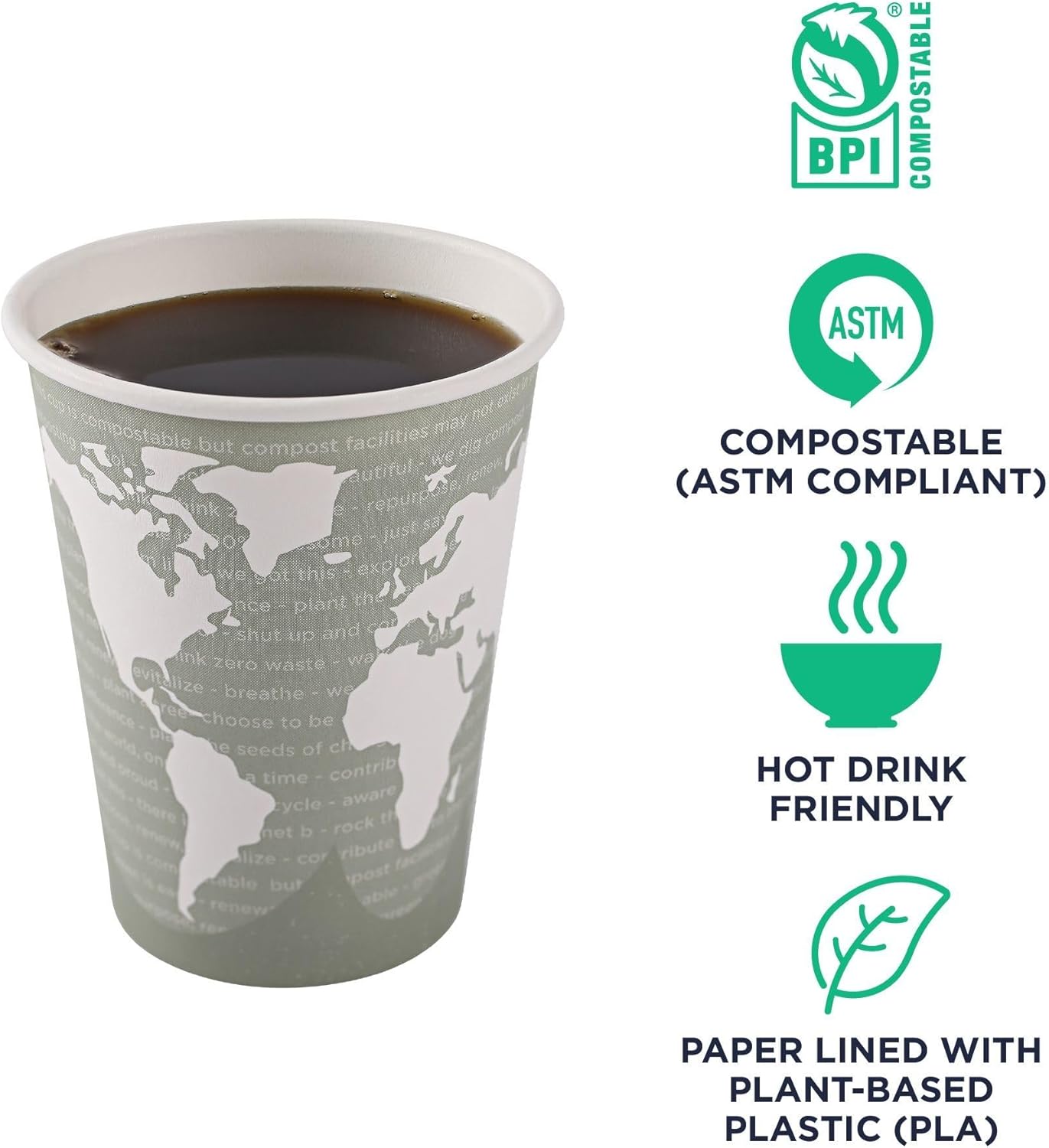 ECO PRODUCTS Compostable Disposable World Art 12oz Large Coffee Cups, Case of 1000, Renewable Hot Paper Cup, Plant Based PLA Lining, Color Coded