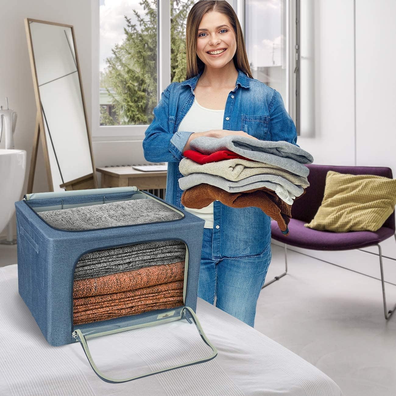 Sorbus Jumbo Storage Bins with Metal Frame - Oxford Fabric Storage Containers with Large Clear Window & Carry Handles - Stackable & Foldable Clothes Organizer Bags for Bedding Linen, Clothing & More