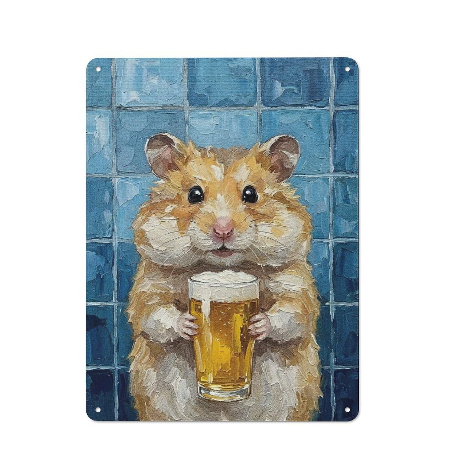 Junmoney Style-9 Hamster With Beer Painting Metal Wall Plaque 40X30cm, Vintage Nostalgic Wall Art For Bedroom, Office, Home Bar Or Dining Room