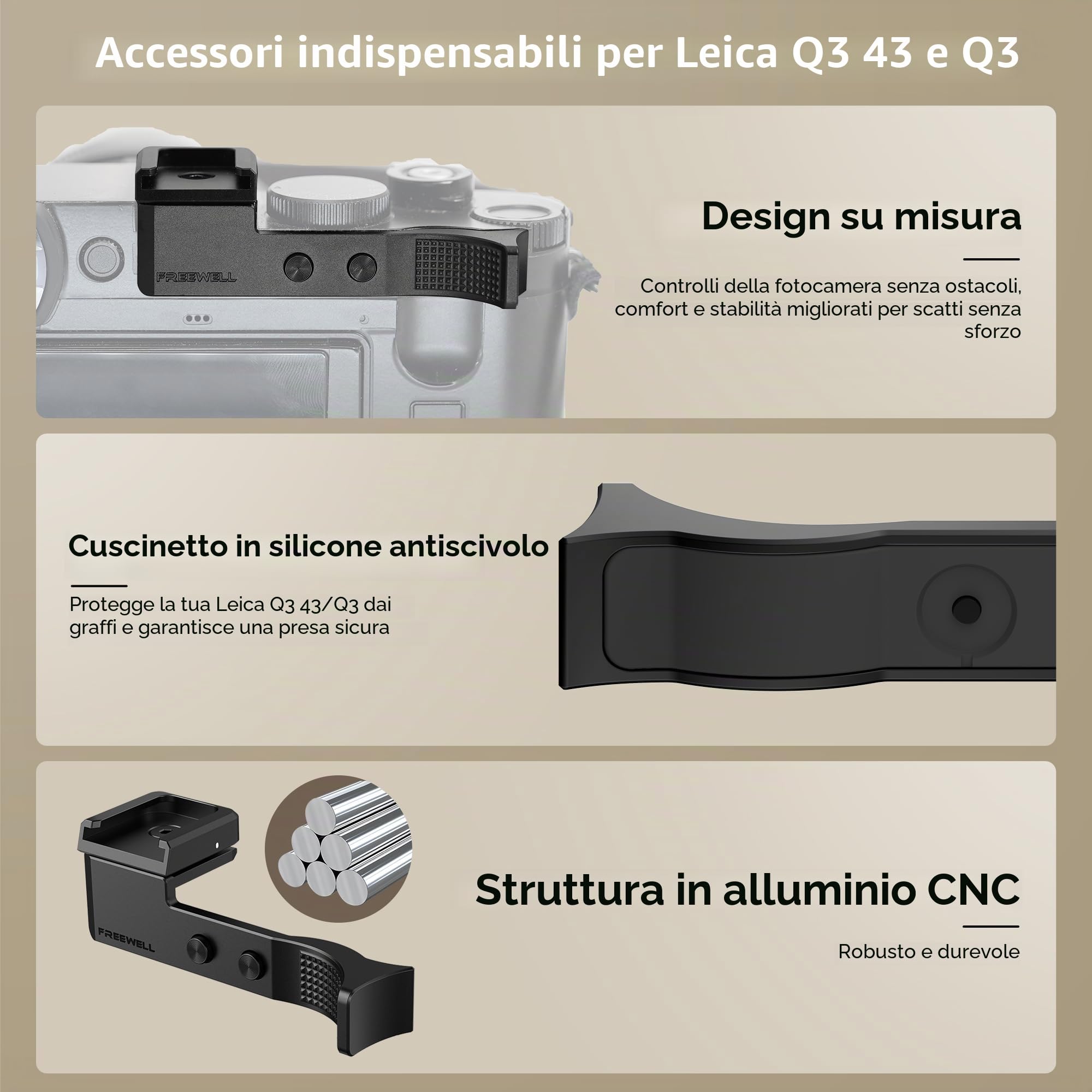 Freewell Impugnatura per pollice per Leica Q3 e Q3 43 | con attacco a scarpa fredda, alluminio CNC, imbottitura in silicone antigraffio