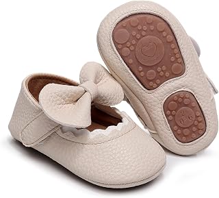 Infant Baby Girls Mary Jane Flats with Bowknot - Soft Sole Baby Toddler Moccasins PU Leather Newborn Infant Toddler First Walker Cirb Dress Shoes