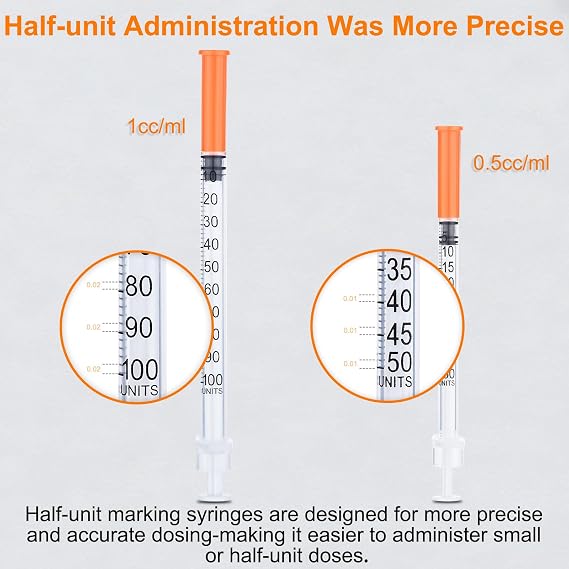 0.5ml/cc Syringe U-100 31G 1/4 Inch(6mm) Scientific Lab Syringe, Individually Wrapped Pack of 100