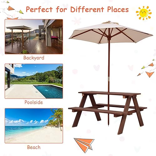 Miniatura 8 de KOTEK Mesa de picnic para niños con paraguas plegable, mesa de madera para niños y bancos para manualidades, comer y jugar, mesa de actividades al