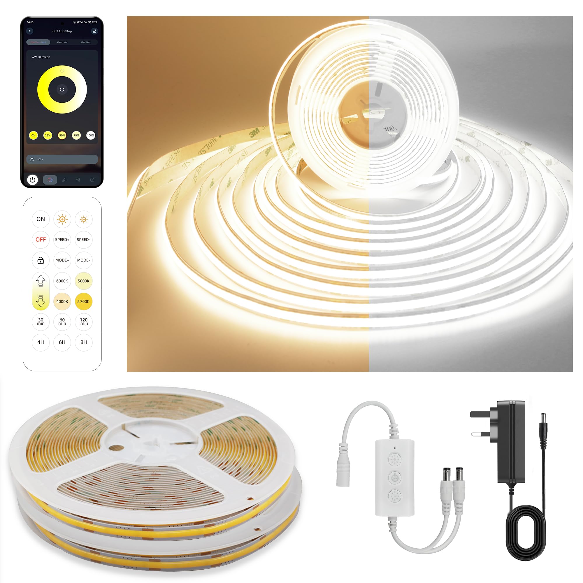 FUIQI COB LED Strip Light 20(2X10m),2pin CCT Dimmable Strips Light,2700K-6500K,8mm Wide,CRI90+ 24V Strip Lights Kit with Bluetooth APP Control/Music Mode,for Bedroom,Kitchen,DIY Lighting