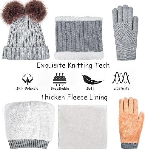 Miniatura 7 de Juego de 3 piezas de gorro de punto de invierno para niños, bufanda y guantes, forro polar grueso y cálido para niñas de 1 a 10 años