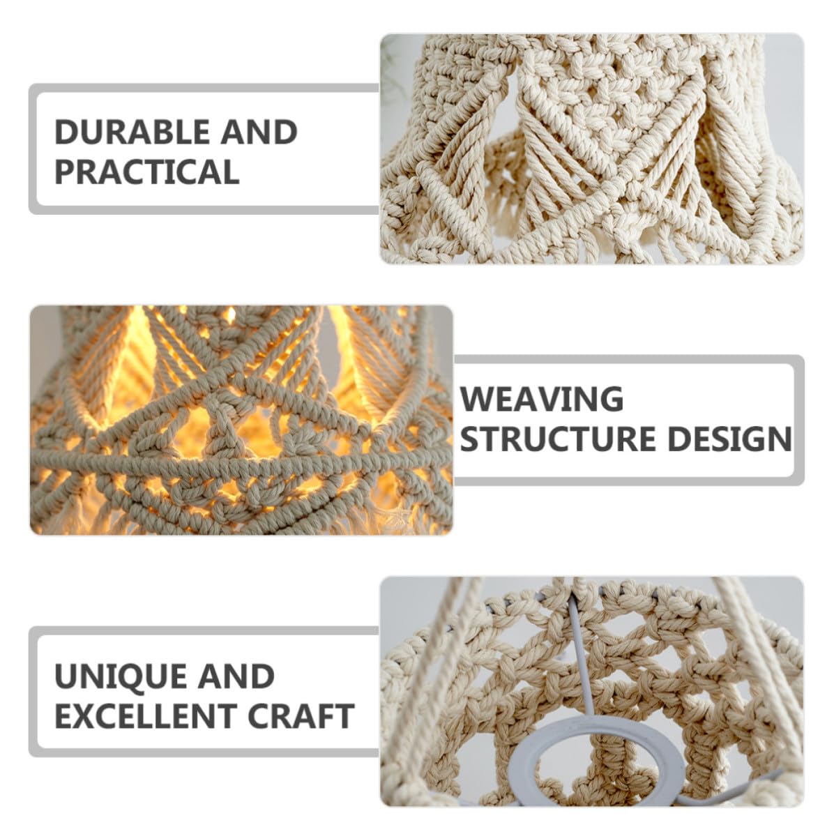 Paralume Boho in Corda di Cotone Beige per Lampada a Sospensione | Struttura Intrecciata in Ferro, Peso Leggero e Resistente, per Soggiorno e Ristorante