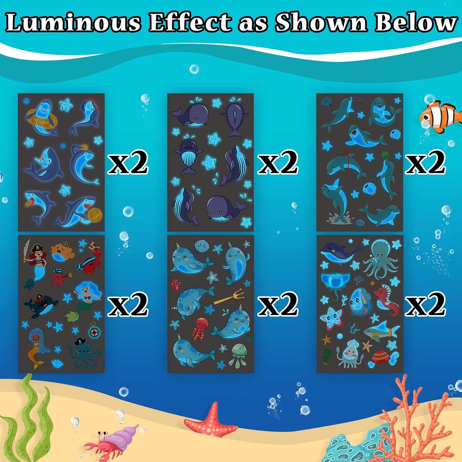Partywind Luminous Blue Under Sea Temporary Tattoos for Kids image 3