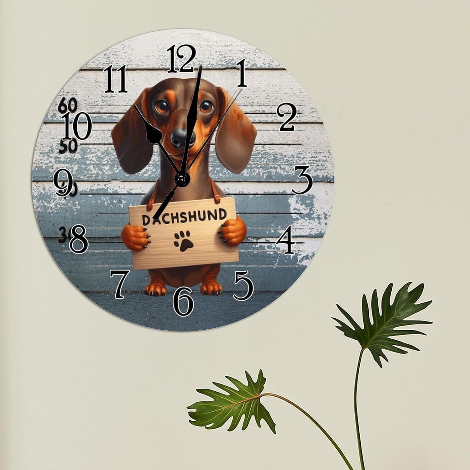 Dachshund Funny Prisoner Dog Clocks Dachshund Dog Police Lineup Home Decorative Clocks Battery Operated Round Wood Clock Pet Memorial Decorative Wall Clock for Bathroom Bedroom 15x15in