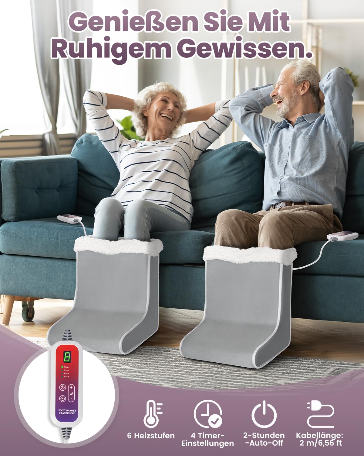 Qfun Fußwärmer Elektrisch, Schnelles Aufheizen Fusswärmer mit 6 Temperaturstufen und 4 Timer, Heizschuhe Fußwärmer Erwachsene mit Abschaltautomatik, Waschbar Elektrische Fußheizung, Überhitzungsschutz