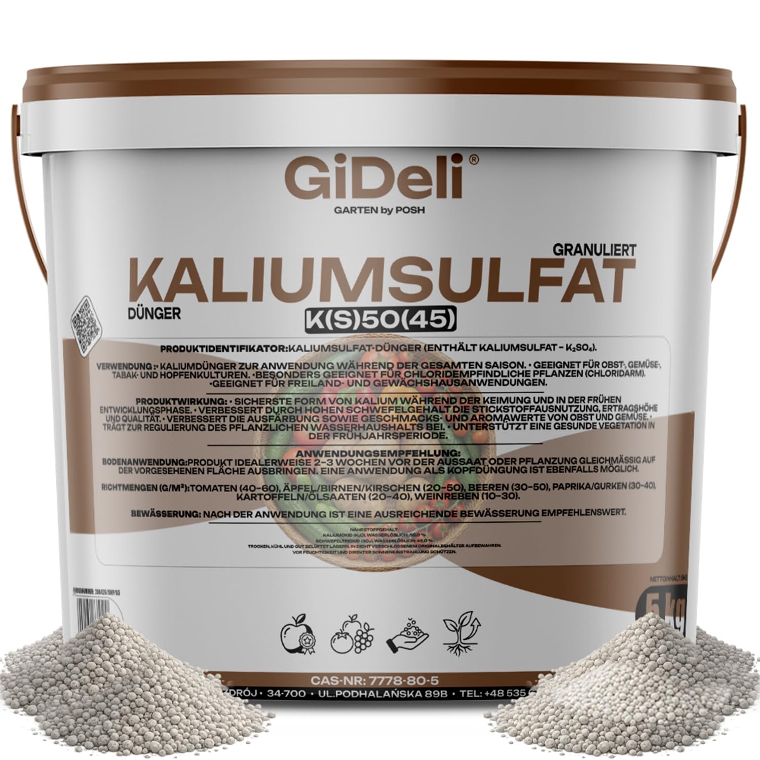 GiDeli Kaliumsulfat Granulat 5kg im Eimer - Kaliumdünger mit 50% K2O & 45% SO3 wasserlöslich - Chlorfrei für empfindliche Pflanzen - Einfache Dosierung - Ideal für Tomaten, Beeren und Weinreben