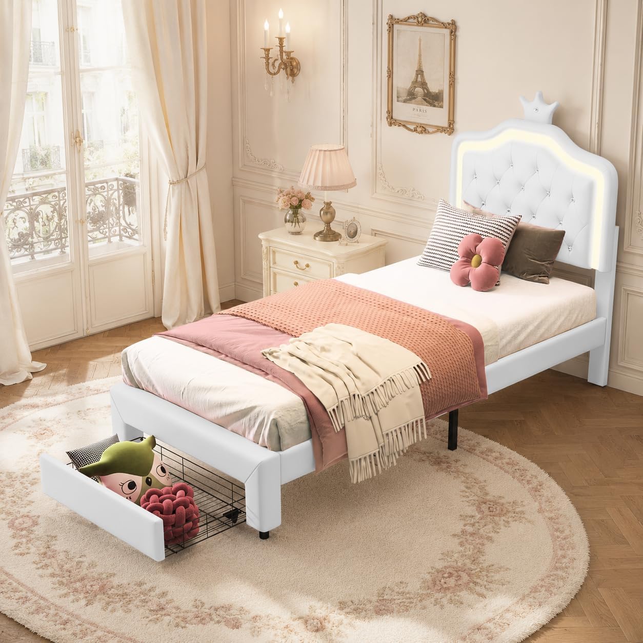 OLIVIBED 3FT Single Bed 90x190cm, Upholstered Bed with Adjustable Crown Shape Headboard, Girls Bed with Storage Space and Drawer, Sturdy Metal & Wood Slats, PU Fabric, White, No Mattress