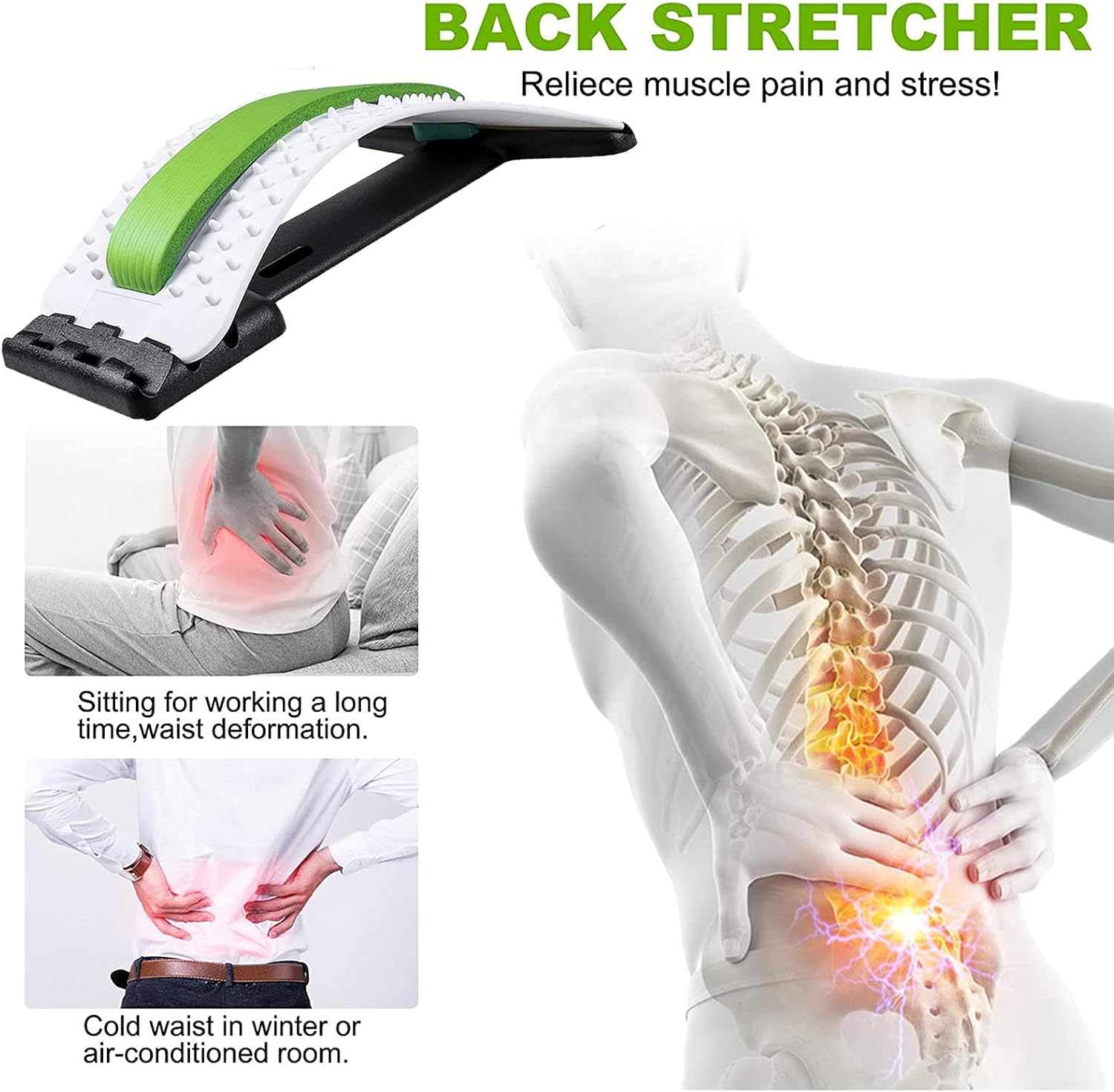 SUNXZZ Back Stretcher, Upgraded Multi-Level Back Cracking Device for Bed & Chair & Car, Multi-Level Lumbar Support Stretcher Spinal, Lower and Upper Muscle Pain Relief (White-Green)