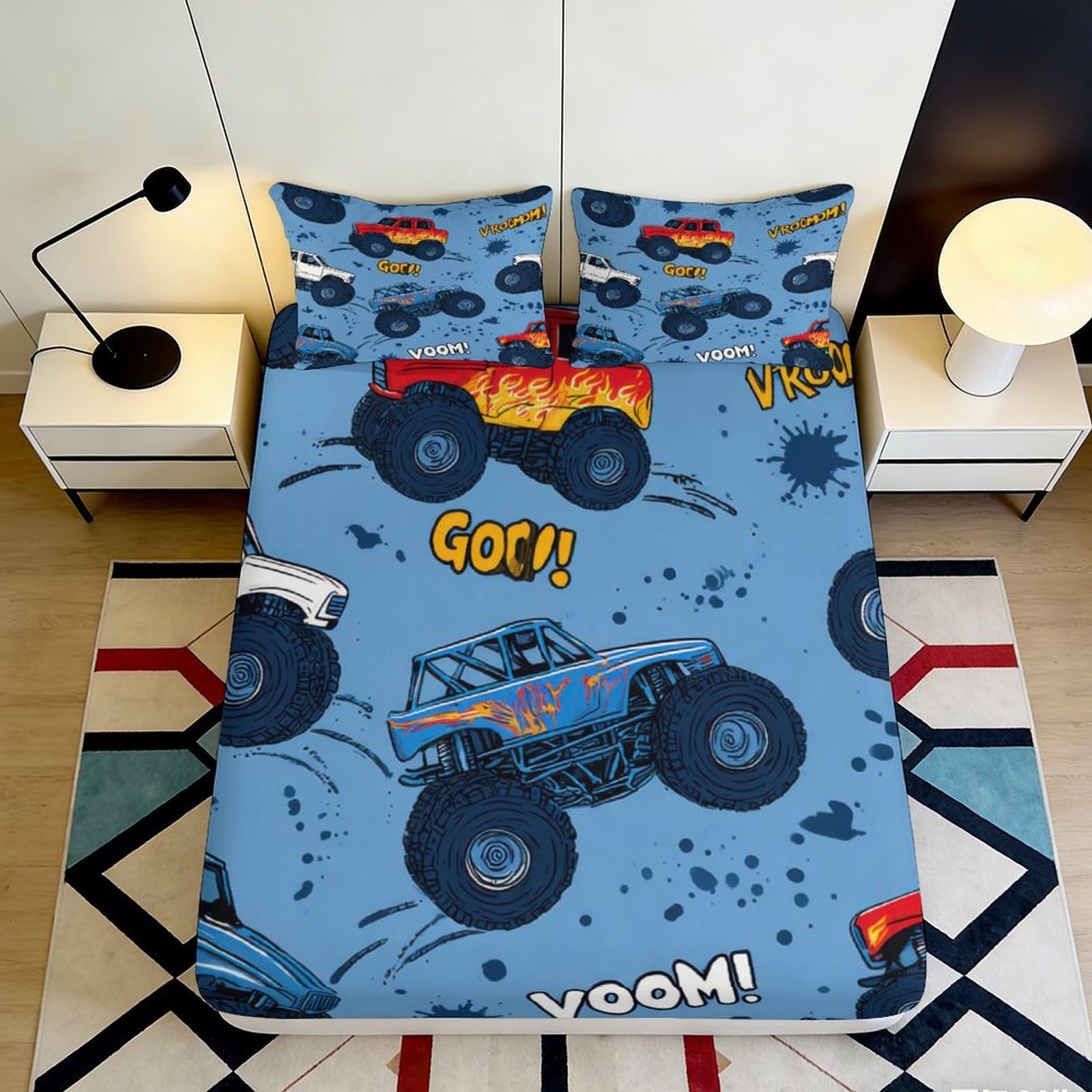 3D Printed Monster Truck Fitted Sheet Microfiber Anti-Slip Bed Cover Blue Cartoon for Bedroom Guest Room Decor 90x200x25cm