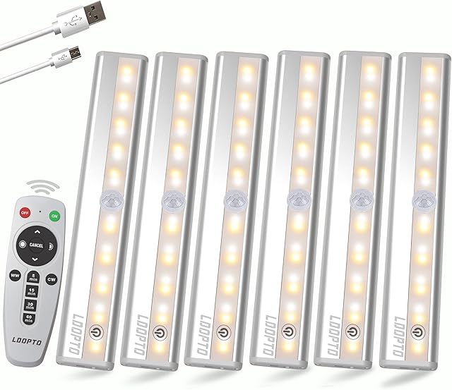 LDOPTO Rechargeable Under Cupboard Kitchen Lights 6 Pack with Remote, Under Cabinet Kitchen Wardrobe Lights, Battery Wireless led Lights Stick On Lights Remote/Touch Control 3 Colors