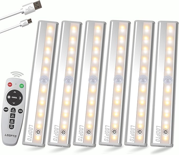 Remote Control Under Cabinet Lights Wireless 6 Pack, 20-LED Dimmable Closet Lights Rechargeable Under Counter Light, Stick on Touch Night Light Strip Bar for Kitchen Stairway Bedroom, 3 Colors