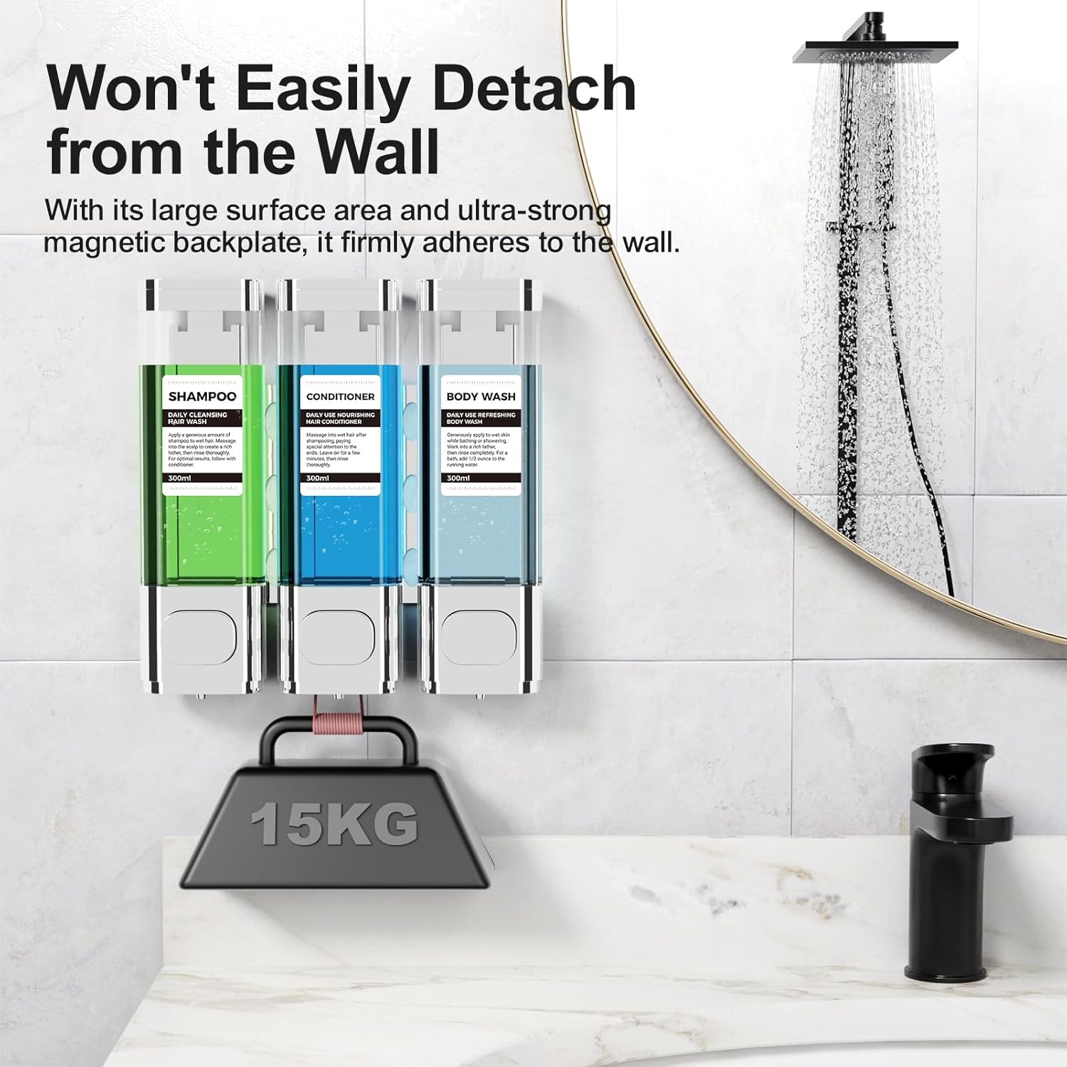 3 in 1 Chamber Wall Mounted Bathroom Shower Pump Dispenser and Organizer-Holds Shampoo, Soap, Conditioner,Body wash, Shower Gel, for Bathroom Kitchen Hotel