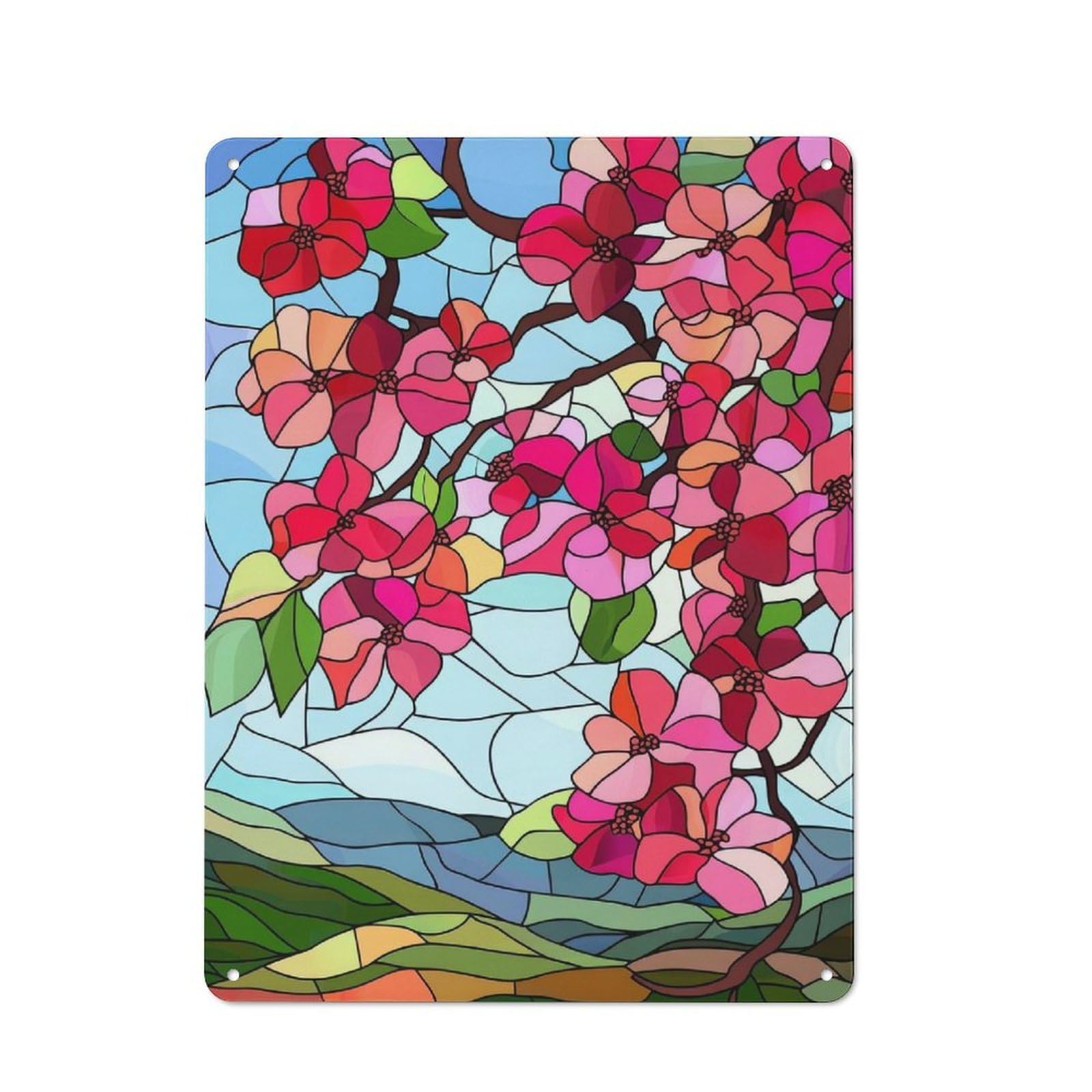 Junmoney Stained Glass Spring Blossoms Metal Sign 40X30cm With For Pub Or Café, Vintage Decor, For Metal Sign Collectors, For Garage And Workshop Walls