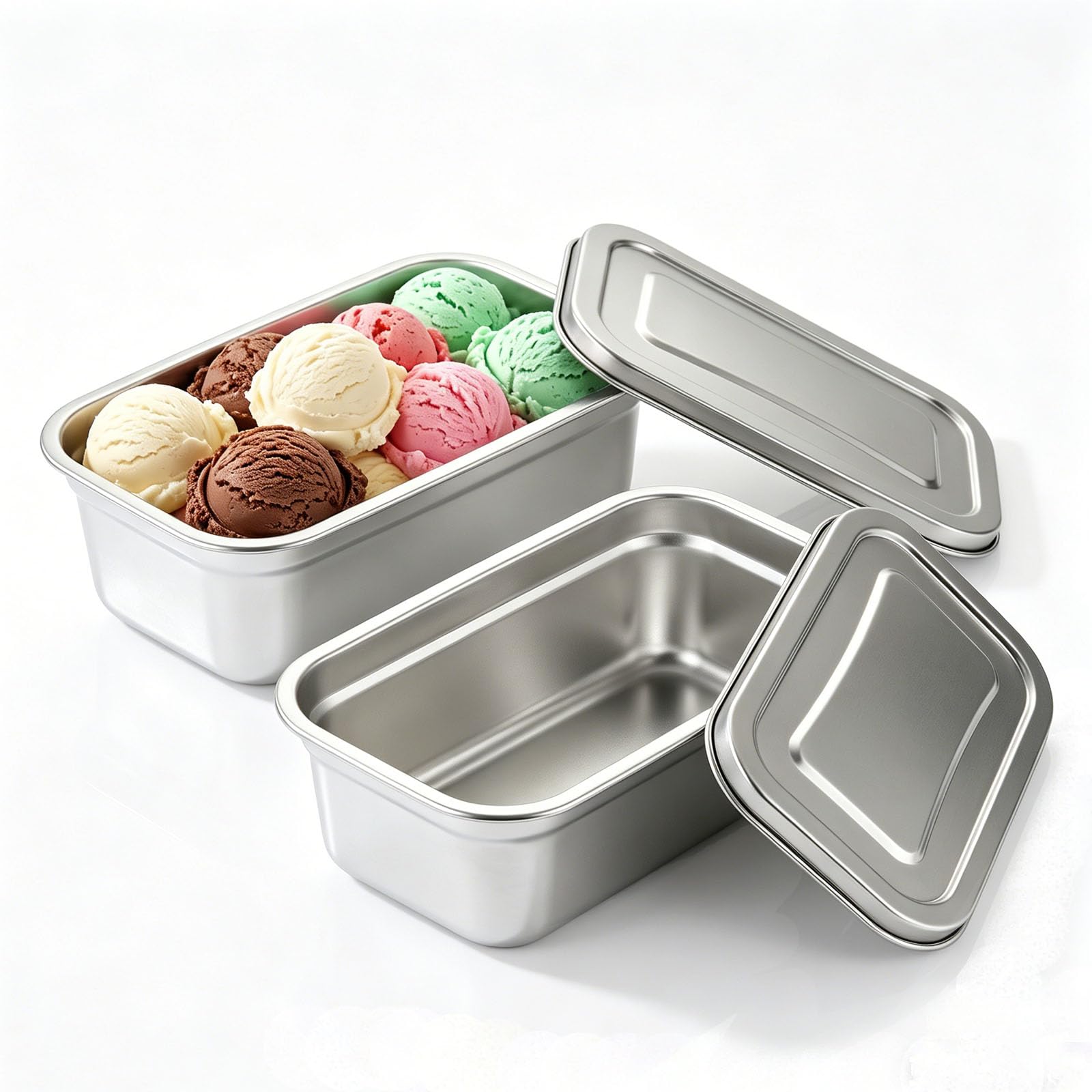 Raoletin 2Pcs Ice Cream Tubs Stackable Ice Cream Containers, Stainless Steel Containers with Lids for Homemade Gelato, Sorbet and Frozen Yoghurt, Food Containers for Kitchen, Meal Prep and Picnic