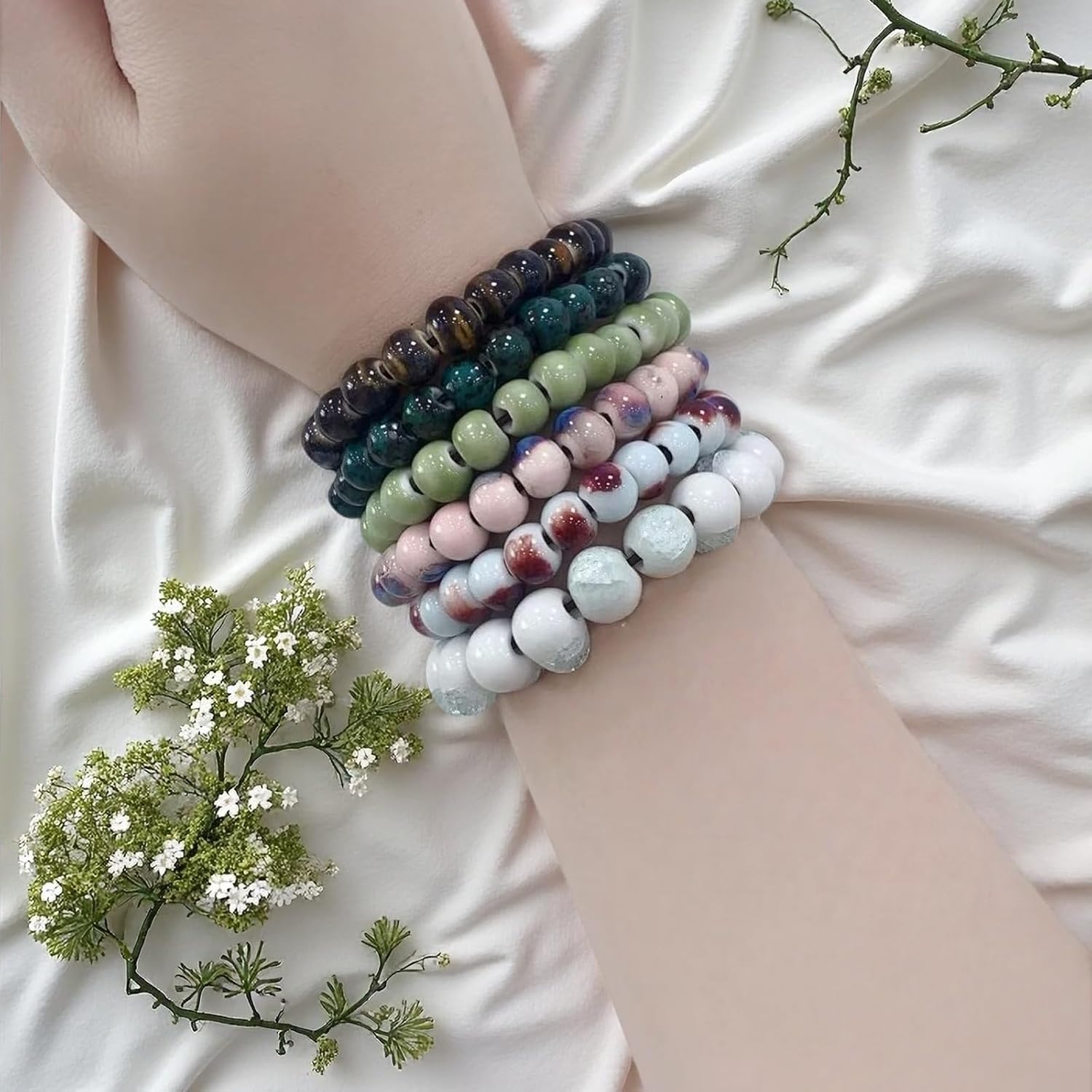 6-Piece Ceramic Elastic Colorful Bracelets Set, Stackable Colorful Beaded Bracelets for Men and Women