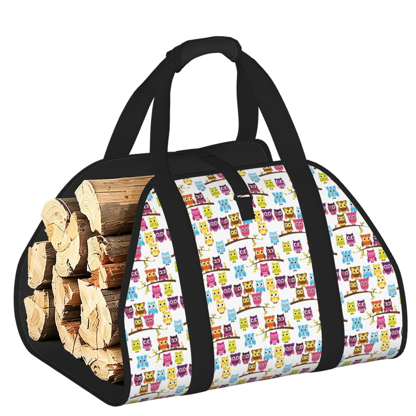 Ayyqwe Black Owls On Tree Branches Print Firewood Bag Wood Waterproof Versatile Camping Picnic Storage Daily Home