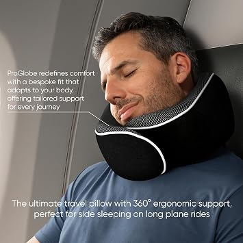 Proglobe Neck Pillow for Travel, Memory Foam, Long Haul Flights, Black | Orthopaedic travel cushion with 3D contoured sleep mask, earplugs and luxury mesh bag, for aeroplane, car and train trips