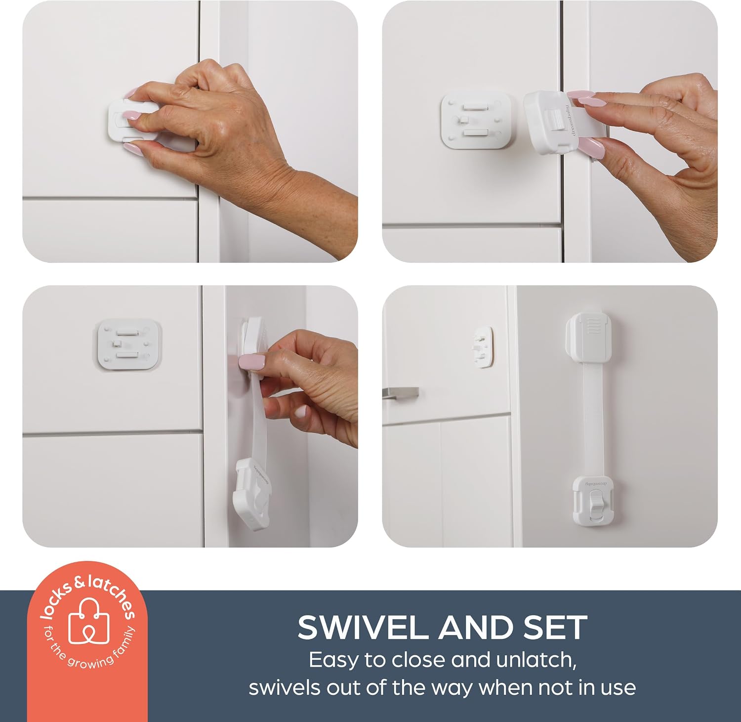 Dreambaby Multi-Purpose Swivel Adapta-Latch Cabinet Locks for Baby Proofing - 5 Adjustable Straps to Use as Fridge Locks, Cabinet Door Locks, Toilet Locks - 3M Adhesive for Easy Child Proofing Needs
