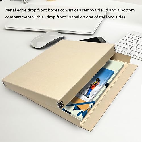 Vista 102 de Lineco, Caja de almacenamiento de archivos de museo de color tostado de 9 x 12 pulgadas, diseño frontal caído. Sin ácidos con borde de metal.