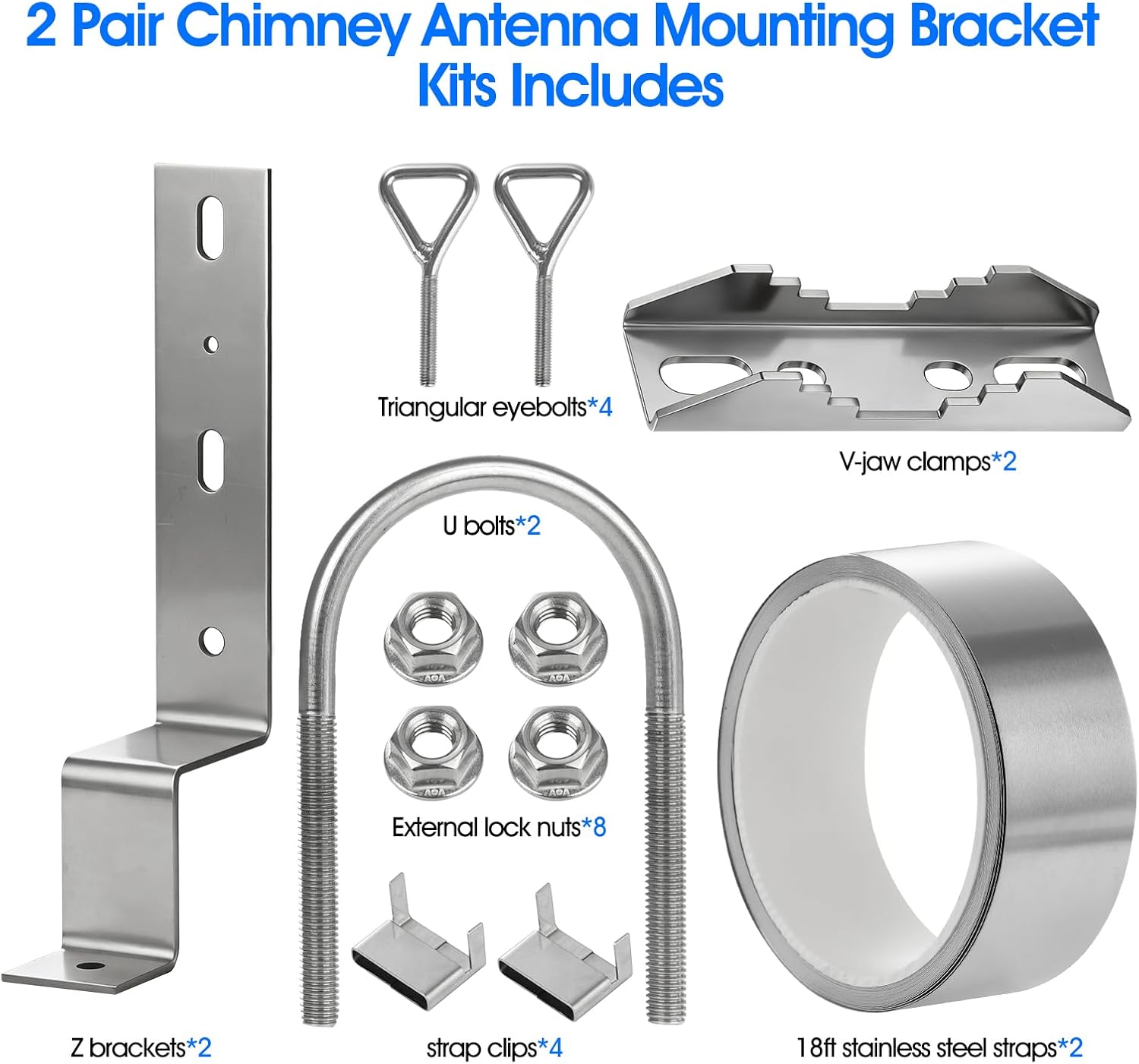 Antenna Chimney Mount,Heavy-Duty Stainless Steel Chimney Mounting Kit up to 2.4” OD Poles ,for for TV Satellite Dish Ham Outside Home