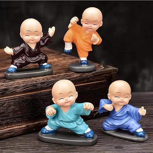 Miniatura 6 de Paquete de 4 estatuas de monje de resina de Buda, figuras de monjes pequeños, escultura de monje Kongfu para decoración de tablero de automóvil,